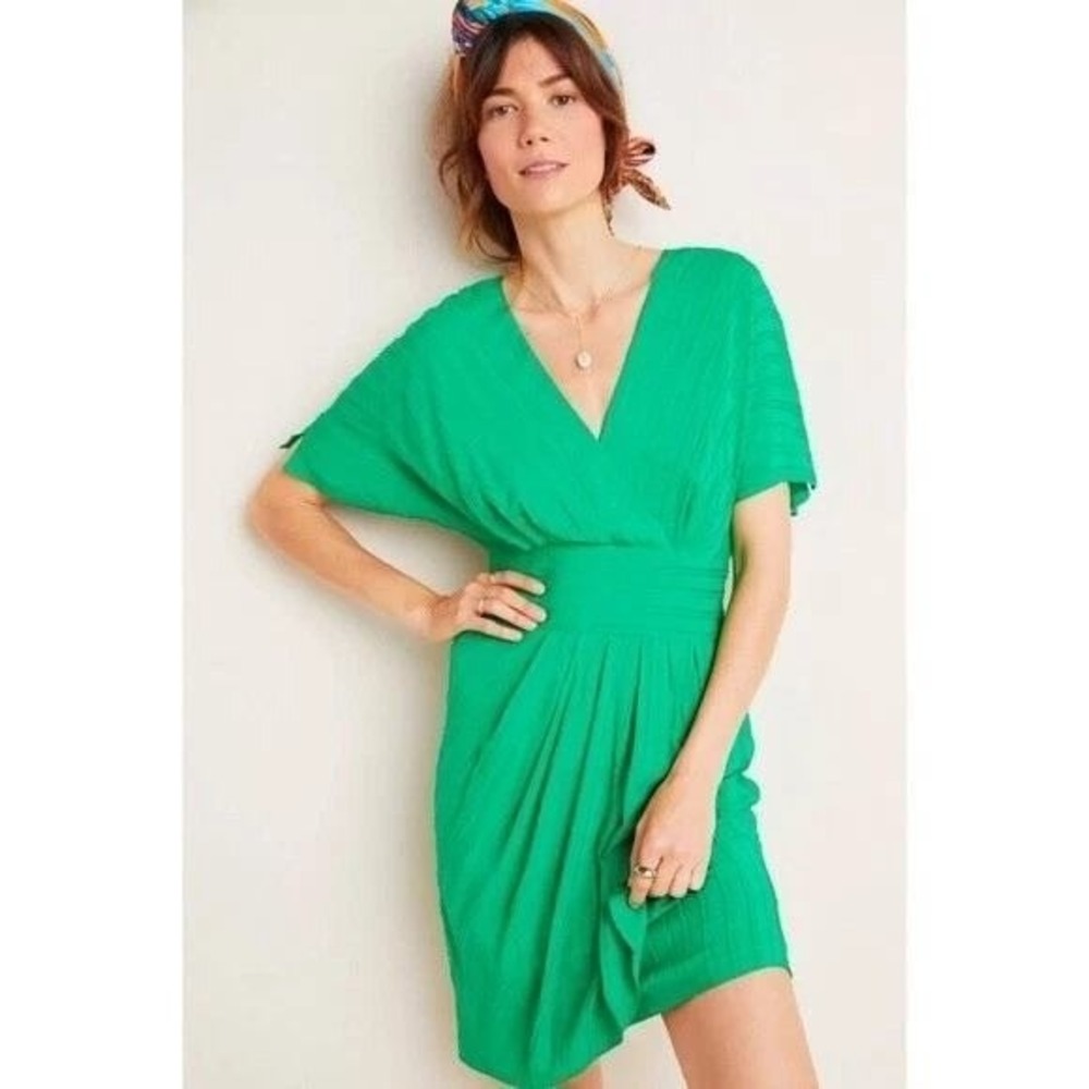 Anthropologie ARYESSA Kelly Green Texture Dolman Sleeve Wrap V Neck Ruffle Dress